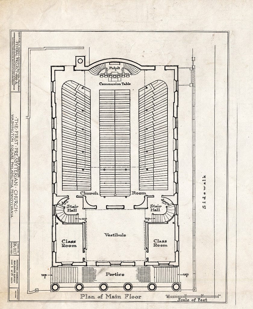 Blueprint HABS PA,51-Phila,124- (Sheet 1 of 15) - First Presbyterian Church, Seventh Street & Washington Square Vicinity, Philadelphia, Philadelphia County, PA