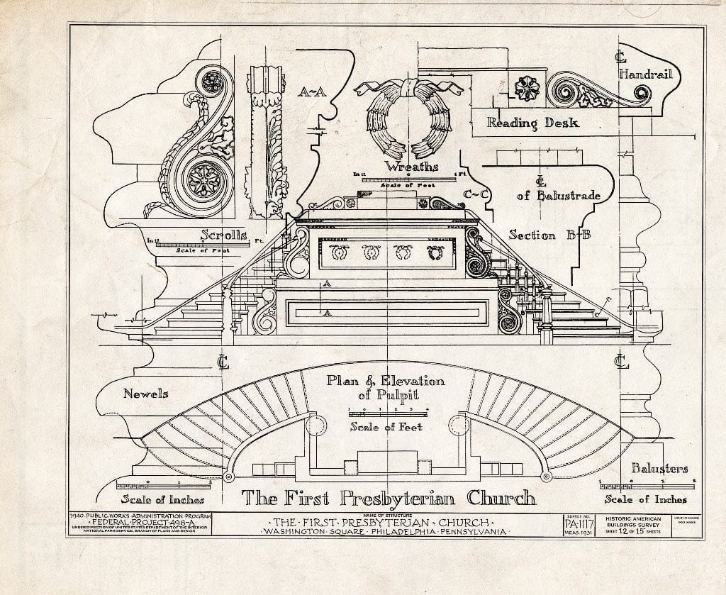 Blueprint HABS PA,51-Phila,124- (Sheet 12 of 15) - First Presbyterian Church, Seventh Street & Washington Square Vicinity, Philadelphia, Philadelphia County, PA