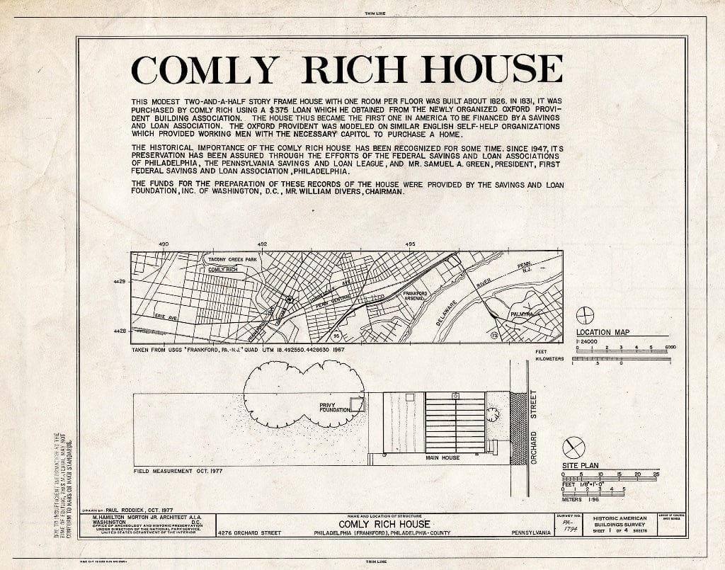 Blueprint HABS PA,51-Phila,534- (Sheet 1 of 4) - Comly Rich House, 4276 Orchard Street, Philadelphia, Philadelphia County, PA