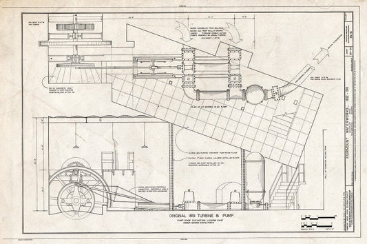 Blueprint 33. Original 1851 Turbine and Pump - Fairmount Waterworks, East Bank of Schuylkill River, Aquarium Drive, Philadelphia, Philadelphia County, PA