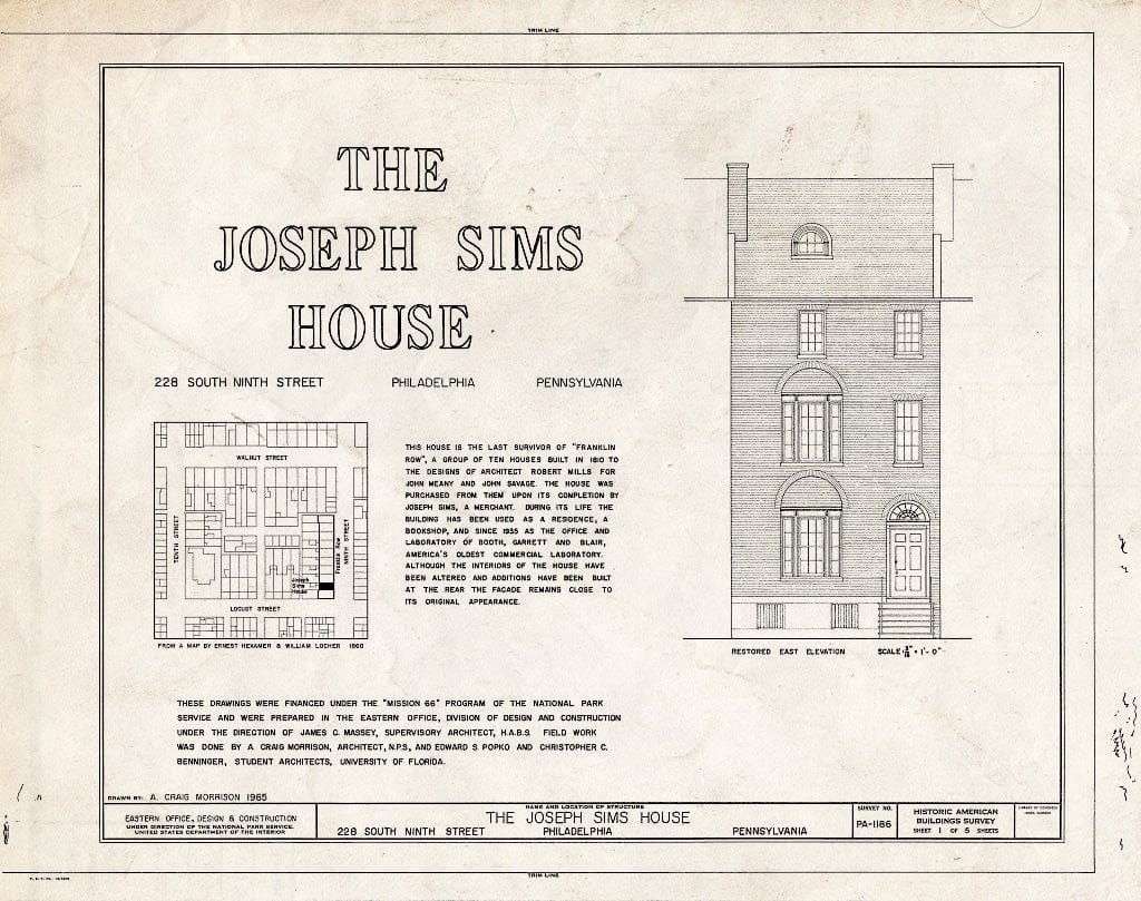 Blueprint HABS PA,51-Phila,671- (Sheet 1 of 5) - Joseph Sims House, 228 South Ninth Street, Philadelphia, Philadelphia County, PA
