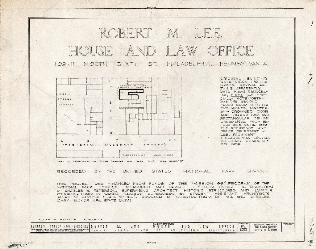 Blueprint HABS PA,51-Phila,251- (Sheet 1 of 3) - Robert M. Lee House & Law Office, 109-111 North Sixth Street, Philadelphia, Philadelphia County, PA
