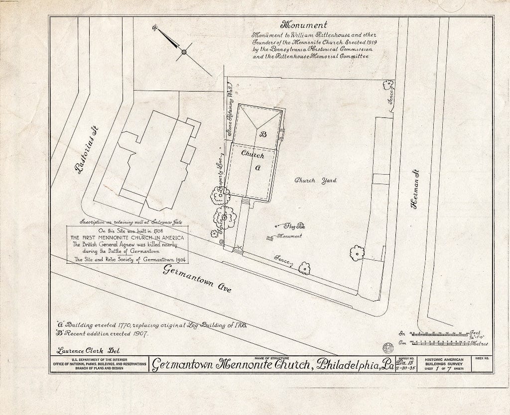 Blueprint HABS PA,51-Germ,51- (Sheet 1 of 7) - Mennonite Meeting House, 6119 Germantown Avenue, Philadelphia, Philadelphia County, PA