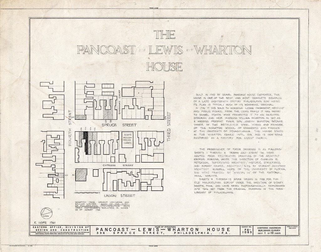 Blueprint HABS PA,51-Phila,27- (Sheet 1 of 10) - Pancoast-Lewis-Wharton House, 336 Spruce Street, Philadelphia, Philadelphia County, PA