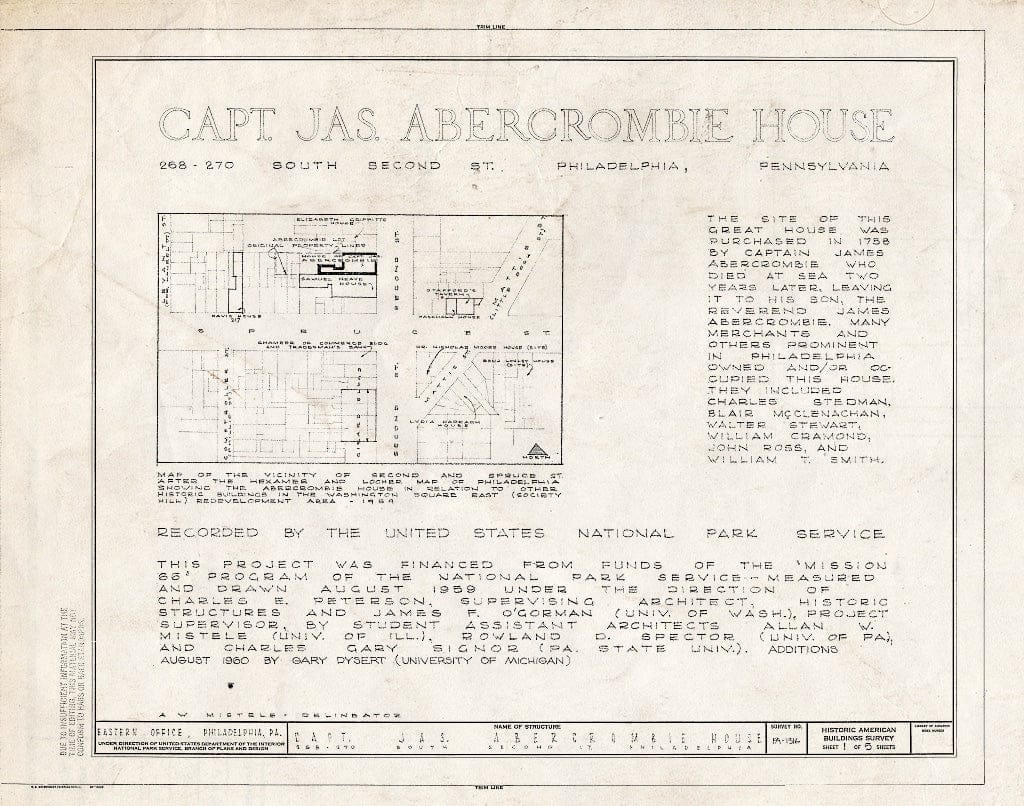 Blueprint HABS PA,51-Phila,621- (Sheet 1 of 5) - Captain James Abercrombie House, 268-270 South Second Street, Philadelphia, Philadelphia County, PA