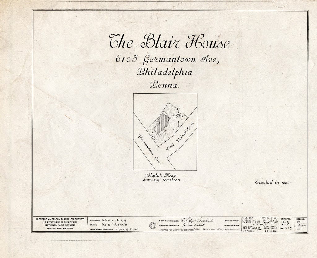 Blueprint HABS PA,51-Germ,49- (Sheet 0 of 7) - Samuel Blair, Jr. House, 6105 Germantown Avenue, Philadelphia, Philadelphia County, PA