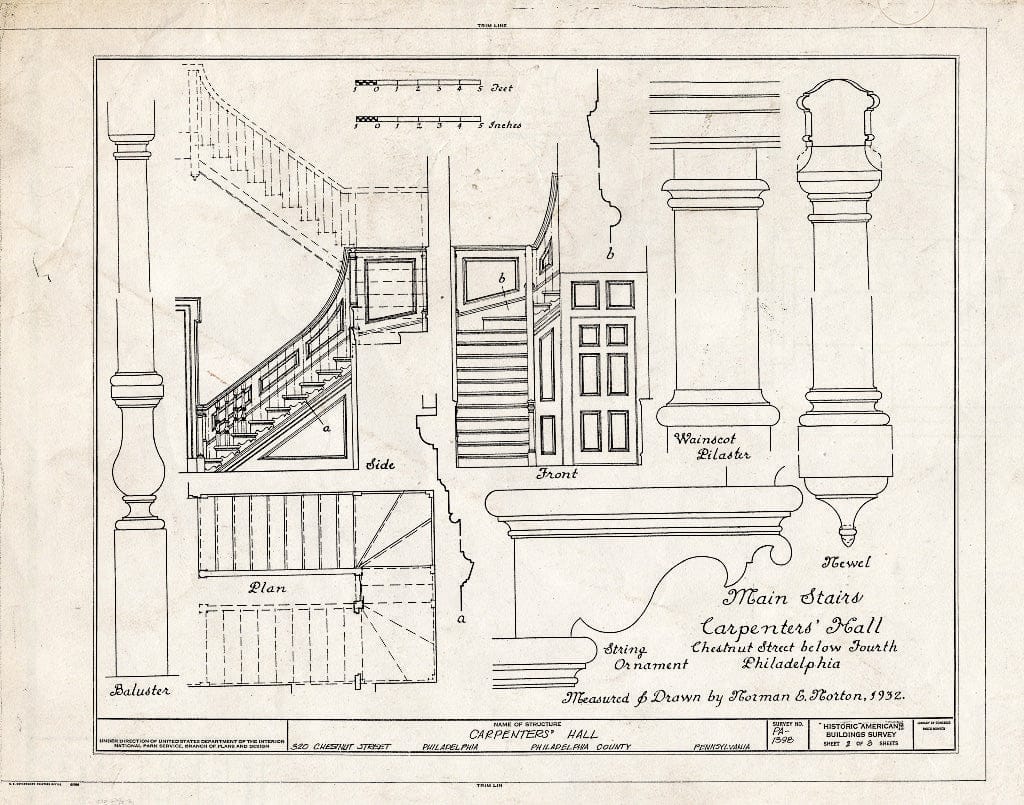 Blueprint Main Stairs (Including Plan and Details) - Carpenters' Company Hall, 320 Chestnut Street & Carpenters' Court, Philadelphia, Philadelphia County, PA