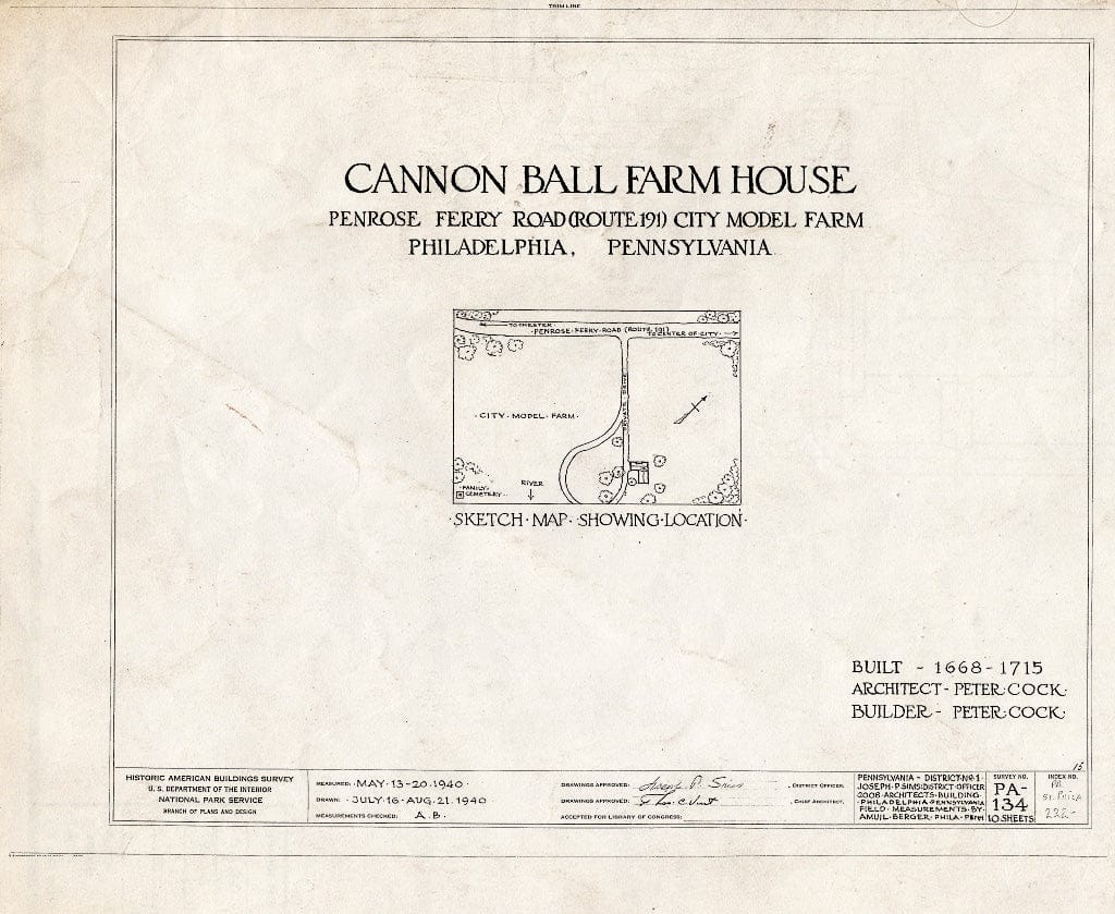 Blueprint HABS PA,51-Phila,222- (Sheet 0 of 10) - Cannonball Farm, Philadelphia, Philadelphia County, PA