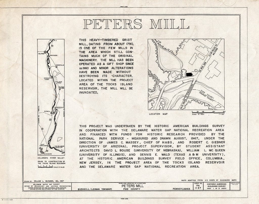 Blueprint HABS PA,52-Bush,2- (Sheet 1 of 9) - Peters Mill, U.S. Route 209 & T301, Bushkill, Pike County, PA