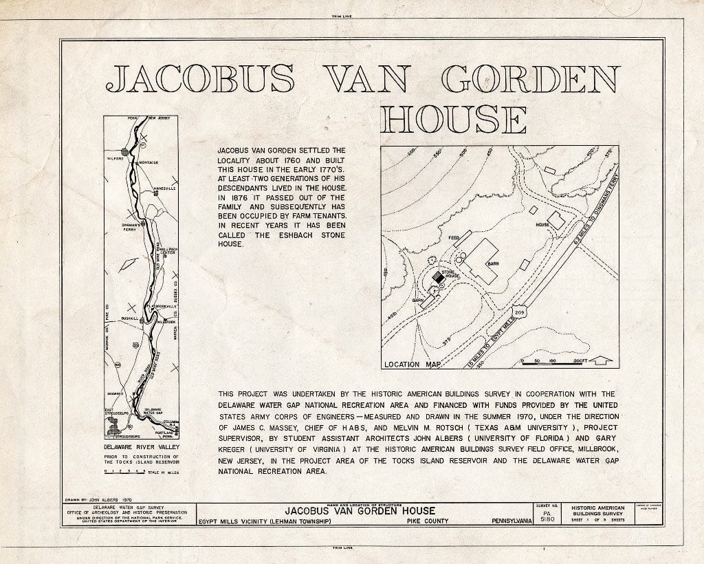 Blueprint HABS PA,52-EGYMI.V,2- (Sheet 1 of 3) - Jacobus Van Gorden House, U.S. Route 209, Egypt Mills, Pike County, PA