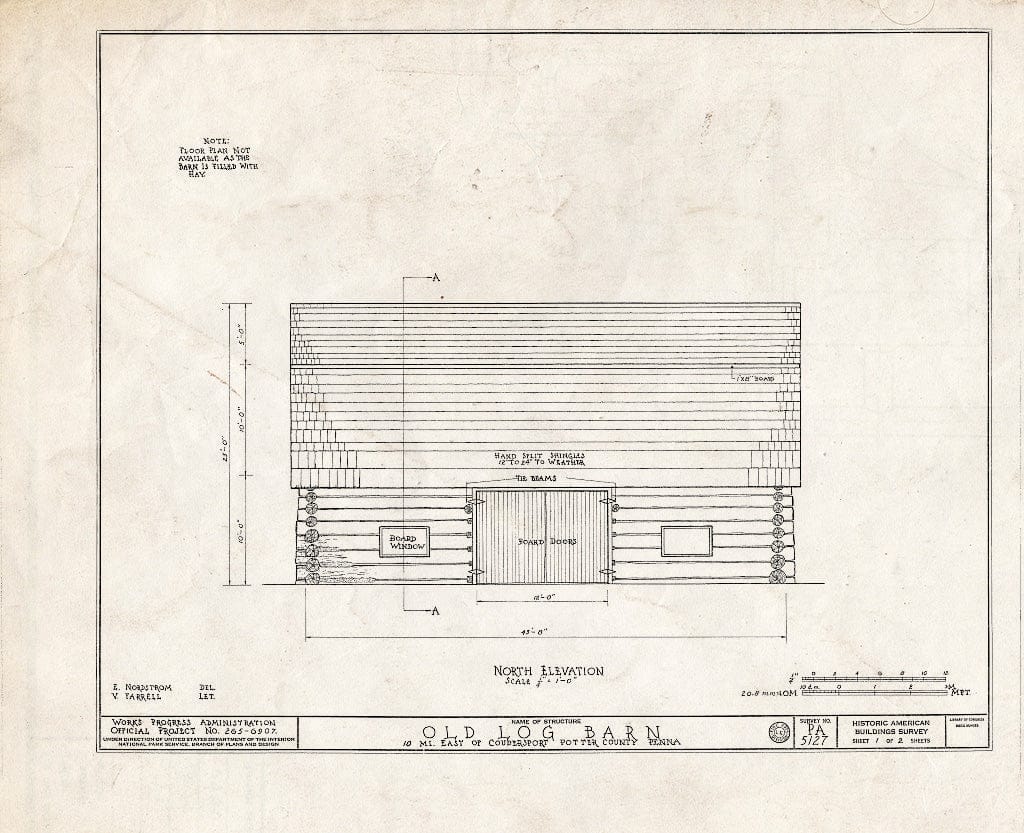Blueprint HABS PA,53-,1- (Sheet 1 of 2) - Log Barn, Route 6 (Lyman Run Road), Coudersport, Potter County, PA