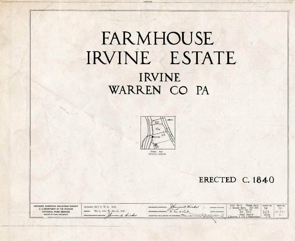 Blueprint HABS PA,62-IRV,2A- (Sheet 0 of 14) - Irvine Estate,Irvine Farmhouse, Irvine, Warren County, PA