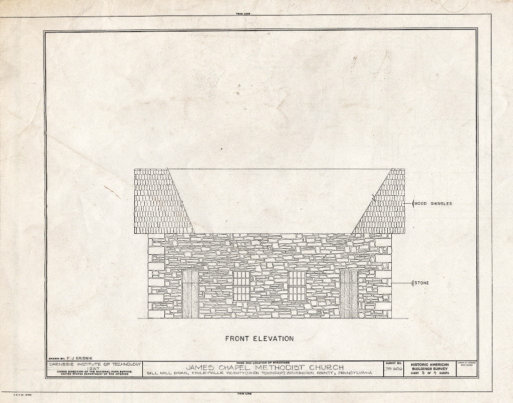 Blueprint HABS PA,63-FINV.V,1- (Sheet 3 of 4) - Methodist Church, James Chapel, Gill Hall Road, Union Township, Finleyville, Washington County, PA