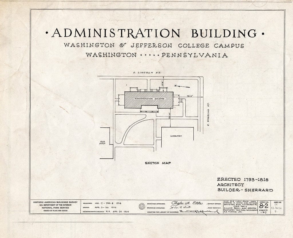 Blueprint HABS PA,63-WASH,3- (Sheet 0 of 7) - Washington & Jefferson College, Administration Building, Washington, Washington County, PA