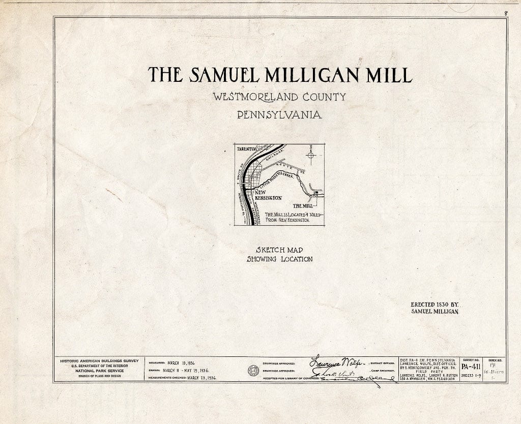 Blueprint HABS PA,65-MILTO,1- (Sheet 0 of 9) - Samuel Milligan Mill, Little Pucketos Creek, New Kensington, Westmoreland County, PA
