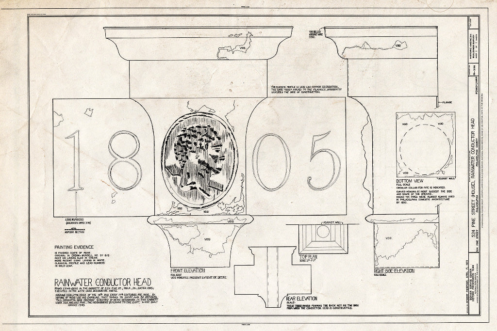 Blueprint HABS PA,51-Phila,538- (Sheet 1 of 1) - 524 Pine Street (House), Rainwater Conductor Head, Philadelphia, Philadelphia County, PA