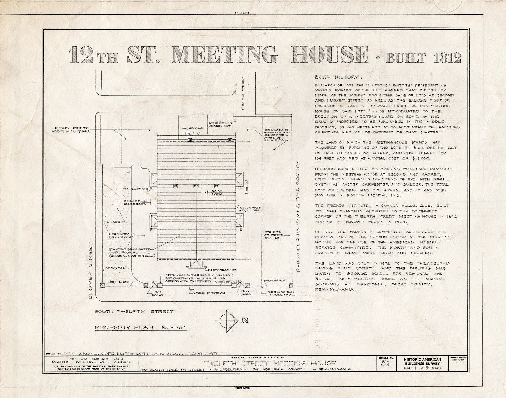 Blueprint HABS PA,51-Phila,674- (Sheet 1 of 9) - Twelfth Street Meeting House, 20 South Twelfth Street, Philadelphia, Philadelphia County, PA
