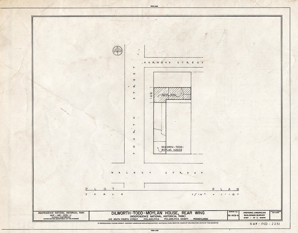 Blueprint HABS PA,51-Phila,593A- (Sheet 1 of 11) - Dilworth-Todd-Moylan House, Rear Wing, 149 South Fourth Street, Philadelphia, Philadelphia County, PA