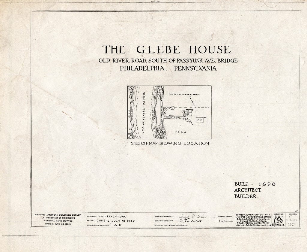 Blueprint HABS PA,51-Phila,225- (Sheet 0 of 14) - Glebe House, Philadelphia, Philadelphia County, PA