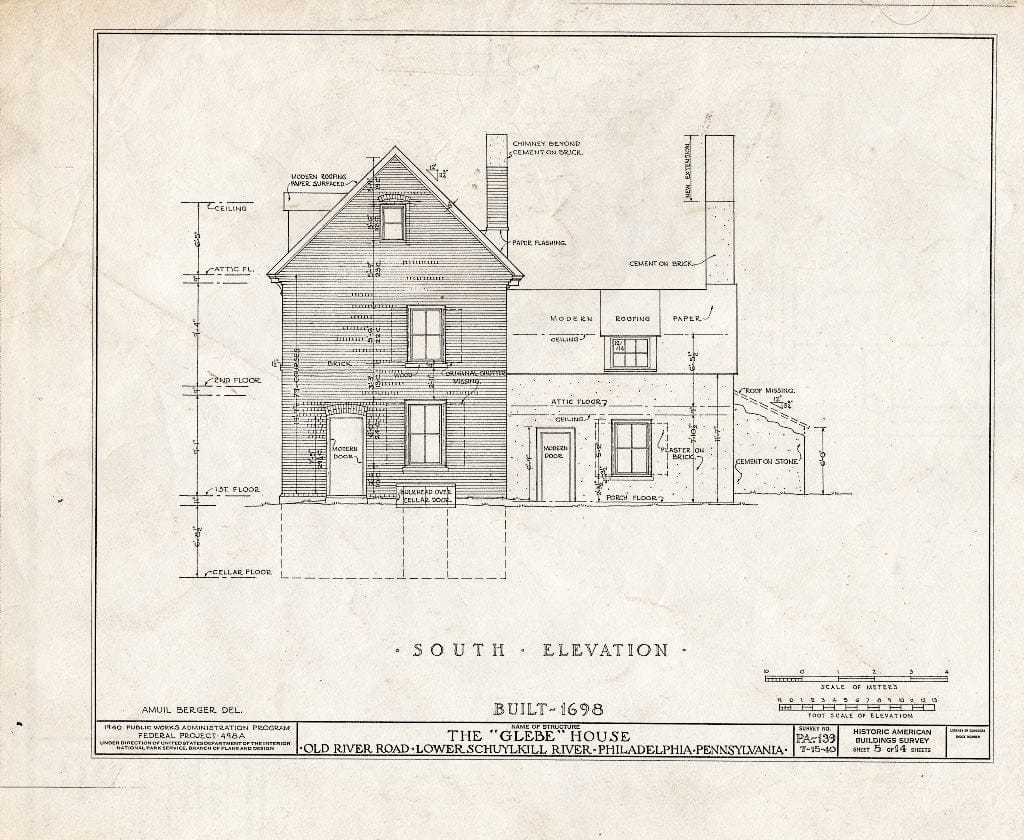 Blueprint HABS PA,51-Phila,225- (Sheet 5 of 14) - Glebe House, Philadelphia, Philadelphia County, PA