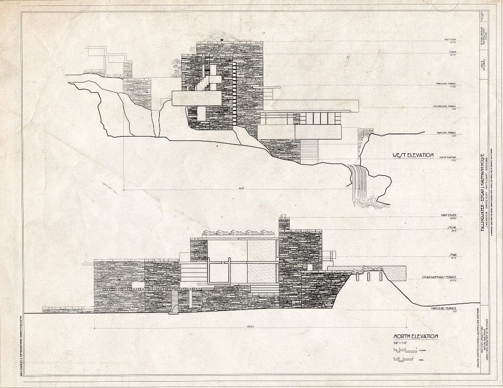 Blueprint North & West Elevations - Fallingwater, State Route 381 (Stewart Township), Ohiopyle, Fayette County, PA