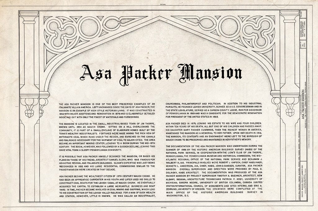 Blueprint HABS PA,13-JIMTH,7- (Sheet 1 of 15) - ASA Packer Mansion, Packer Hill, Jim Thorpe, Carbon County, PA
