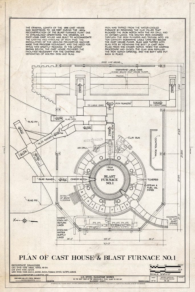 Blueprint Plan of Cast House and Blast Furnace No. 1 - U.S. Steel Duquesne Works, West Bank of Monongahela River Along State Route 837, Duquesne, Allegheny County, PA