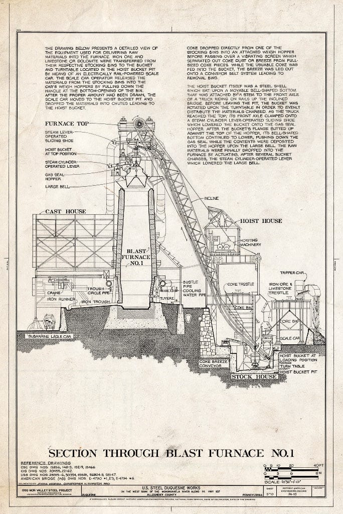 Blueprint Section Through Blast Furnace No. 1 - U.S. Steel Duquesne Works, West Bank of Monongahela River Along State Route 837, Duquesne, Allegheny County, PA