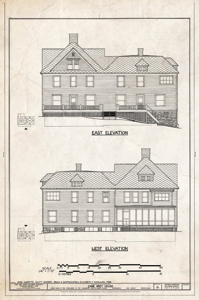 Blueprint East Elevation, West Elevation - Zane Grey House, West Side of Scenic Drive, Lackawaxen, Pike County, PA