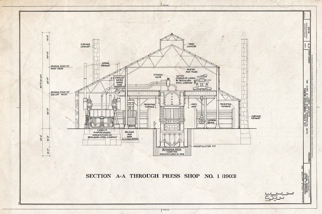 Blueprint Section A-A Through Press Shop No. 1 (1903) - U.S. Steel Homestead Works, Along Monongahela River, North of Eighth Avenue, Homestead, Allegheny County, PA