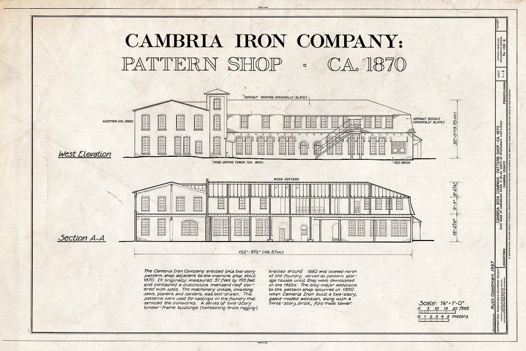 Blueprint HAER PA,11-JOTO,135B- (Sheet 1 of 3) - Cambria Iron Company, Pattern Shop, Lower Works, Johnstown, Cambria County, PA
