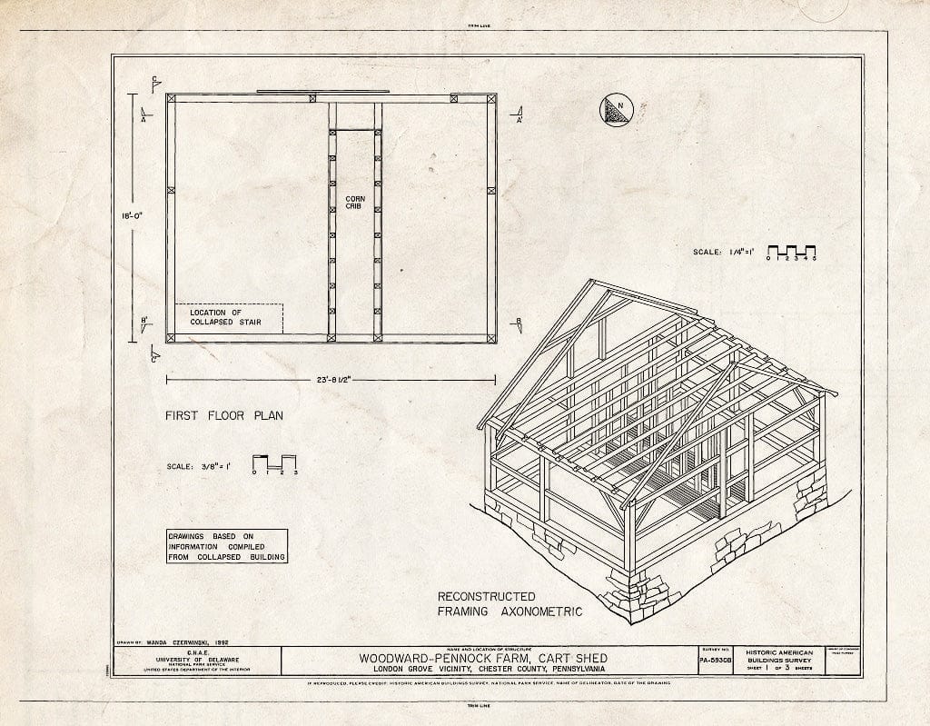 Blueprint HABS PA,15-LONGR.V,3B- (Sheet 1 of 3) - Woodward-Pennock Farm, Cart Shed, 741 Newark Road, Chatham, Chester County, PA