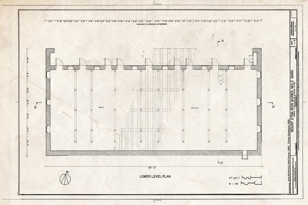 Blueprint HAER PA,7-Will,1-J- (Sheet 1 of 8) - Mount Etna Iron Works, Mule Barn, East of U.S. Route 22 on T.R. 463, Williamsburg, Blair County, PA