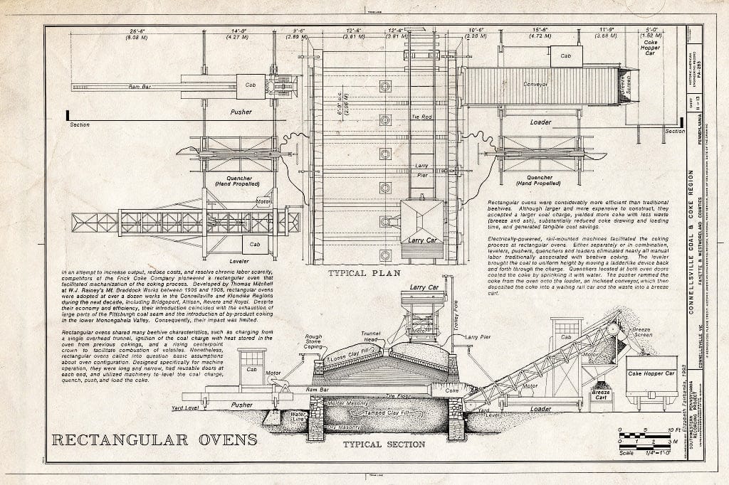 Blueprint Rectangular Ovens: Typical Plan, Typical Section - Connellsville Coal & Coke Region, Connellsville, Fayette County, PA