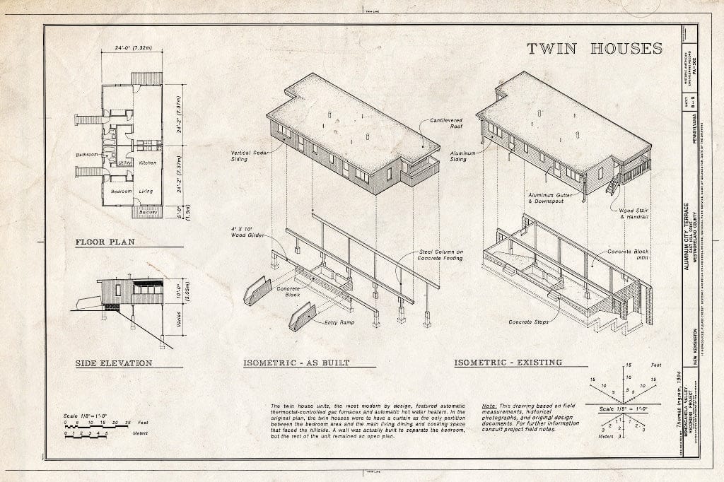 Blueprint Twin Houses: Floor Plan, Side Elevation, Isometric (As Built), Isometric (Existing) - Aluminum City Terrace, East Hill Drive, New Kensington, Westmoreland County, PA