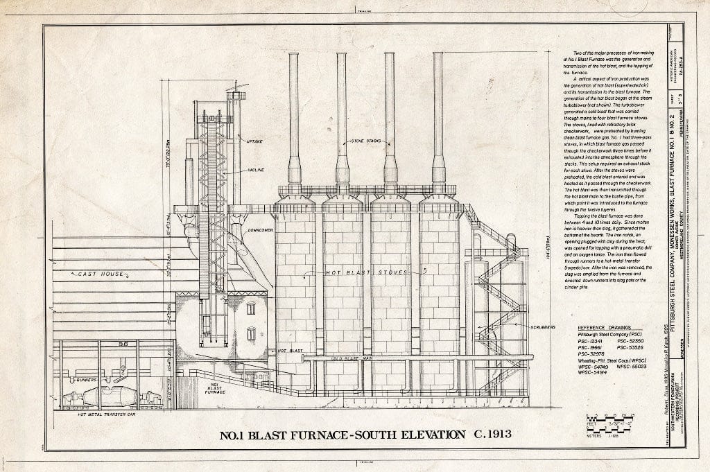 Blueprint No. 1 Blast Furnace, South Elevation, c. 1913 - Pittsburgh Steel Company, Monessen Works, Blast Furnace No. 1 & No. 2, Donner Avenue, Monessen, Westmoreland County, PA