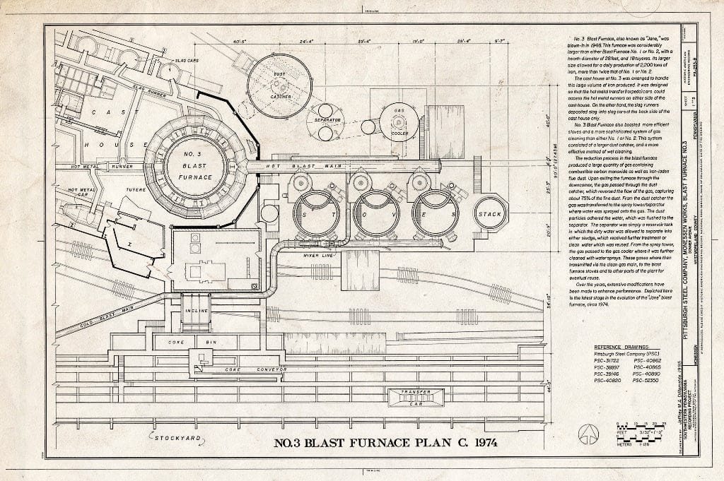 Blueprint No. 3 Blast Furnace Plan C, 1974 - Pittsburgh Steel Company, Monessen Works, Blast Furnace No. 3, Donner Avenue, Monessen, Westmoreland County, PA