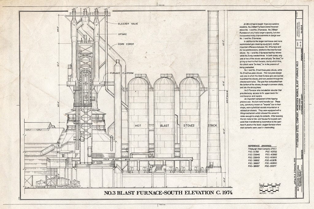 Blueprint No. 3 Blast Furnace - South Elevation, c. 1974 - Pittsburgh Steel Company, Monessen Works, Blast Furnace No. 3, Donner Avenue, Monessen, Westmoreland County, PA