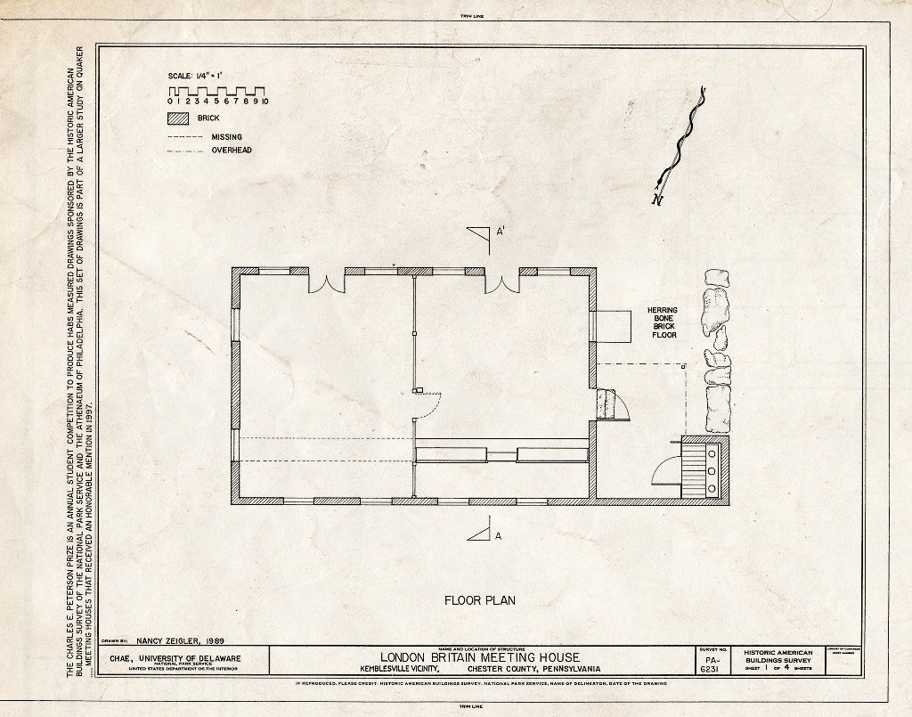 Blueprint HABS PA,15-KEMV.V,1- (sheet 1 of 4) - London Britain Meeting House, Route 896, .5 mile south of Kemblesville (London Britain Township), Kemblesville, Chester County, PA
