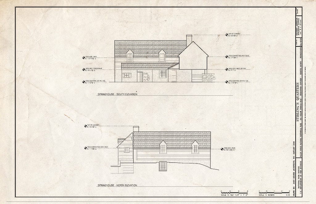 Blueprint SPRINGHOUSE - South Elevation; SPRINGHOUSE - North Elevation. - Stirling's Quarters, 555 Yellow Springs Road, Tredyffrin Township, Valley Forge, Chester County, PA