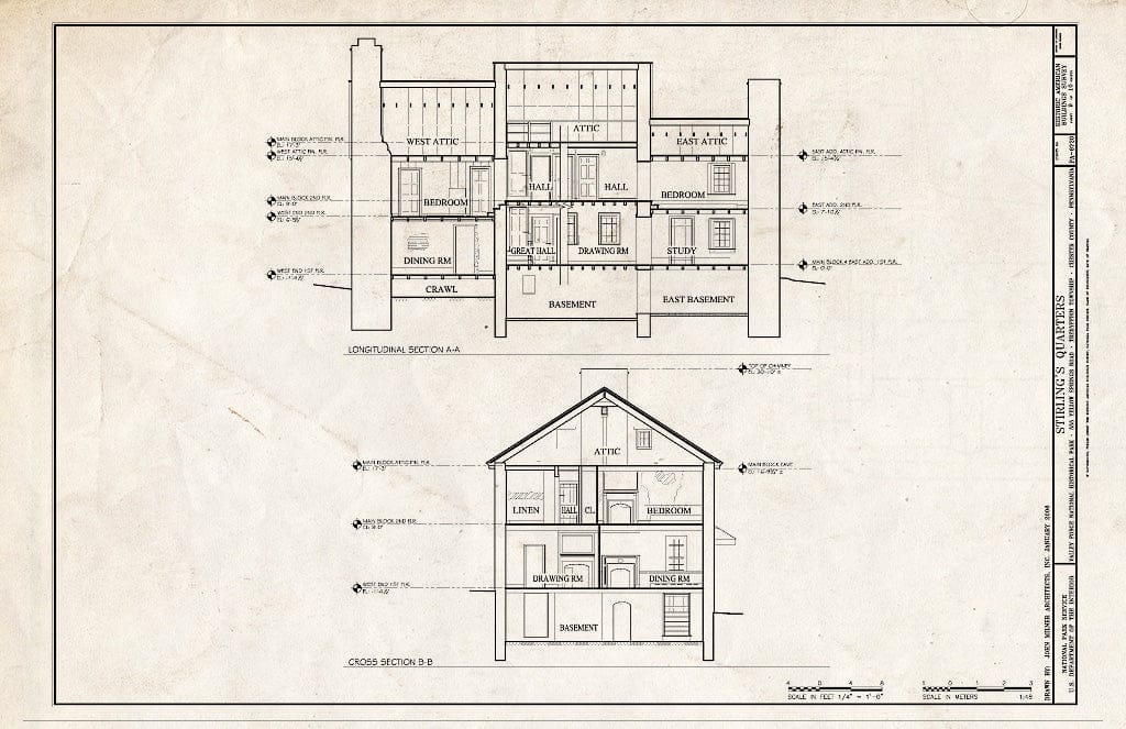 Blueprint Longitudinal Section A-A; Cross Section B-B. - Stirling's Quarters, 555 Yellow Springs Road, Tredyffrin Township, Valley Forge, Chester County, PA