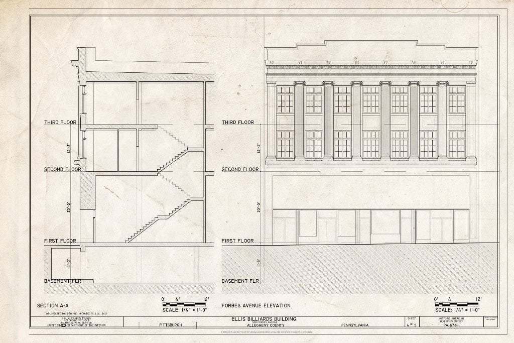 Blueprint Section/Elevation - Ellis Billiards Building, 307 Forbes Avenue, Pittsburgh, Allegheny County, PA