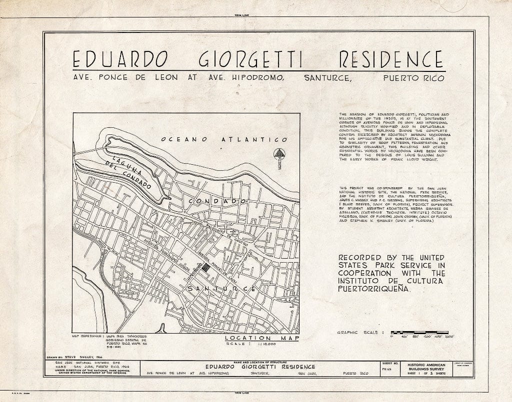 Blueprint HABS PR,7-SAJU,36- (Sheet 1 of 3) - Giorgetti, Eduardo, House, Ponce de Leon Avenue, Santurce, San Juan, San Juan Municipio, PR