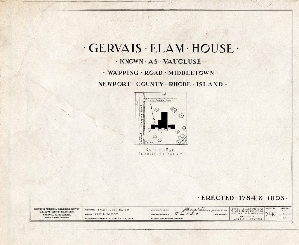 Blueprint HABS RI,3-MIDTO,3- (Sheet 0 of 29) - Vaucluse, Wapping Road (Parts in Metropolitan Museum, NY), Middletown, Newport County, RI