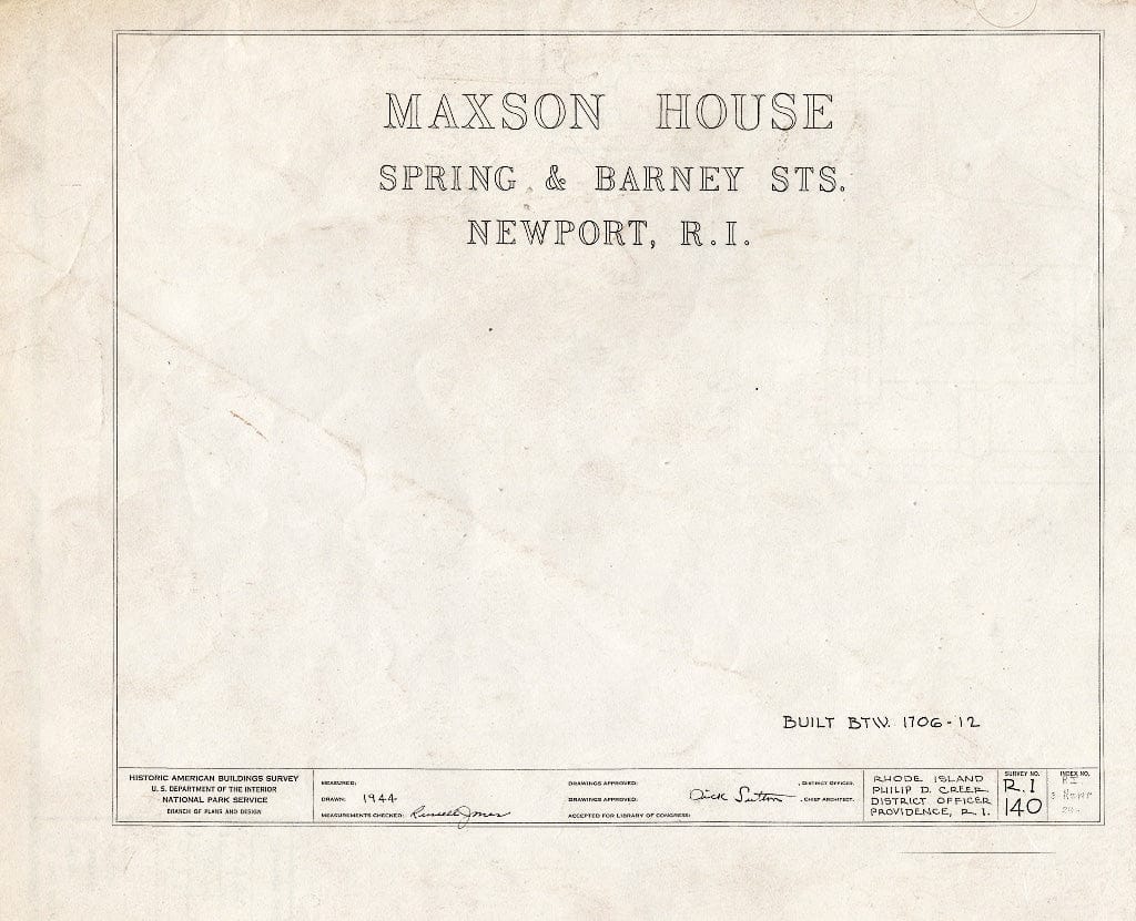 Blueprint HABS RI,3-NEWP,24- (Sheet 0 of 2) - Jonathan Barney House, Spring & Barney Streets, Newport, Newport County, RI