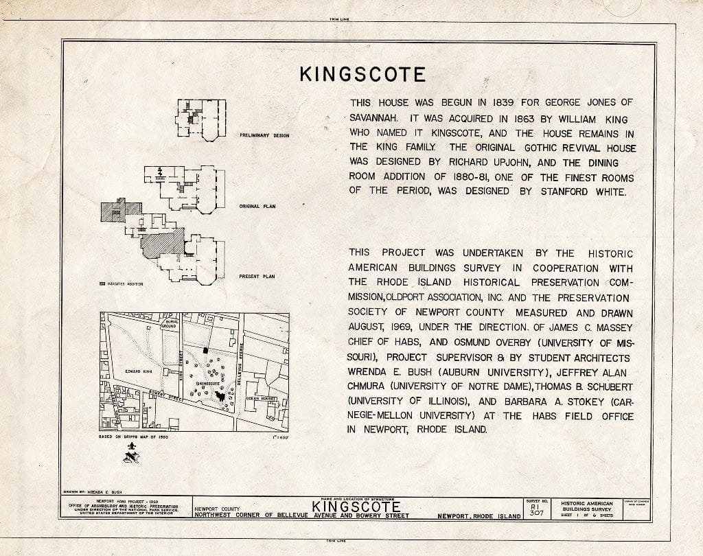 Blueprint HABS RI,3-NEWP,61- (Sheet 1 of 6) - Kingscote, Bellevue Avenue & Bowery Street, Newport, Newport County, RI