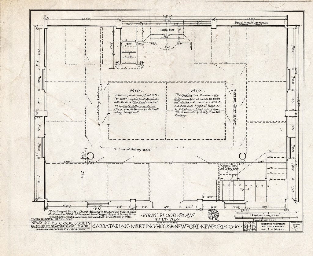 Blueprint HABS RI,3-NEWP,2- (Sheet 1 of 14) - Sabbatarian Meetinghouse, 82 Touro Street (Moved from Spring & Barney Streets), Newport, Newport County, RI
