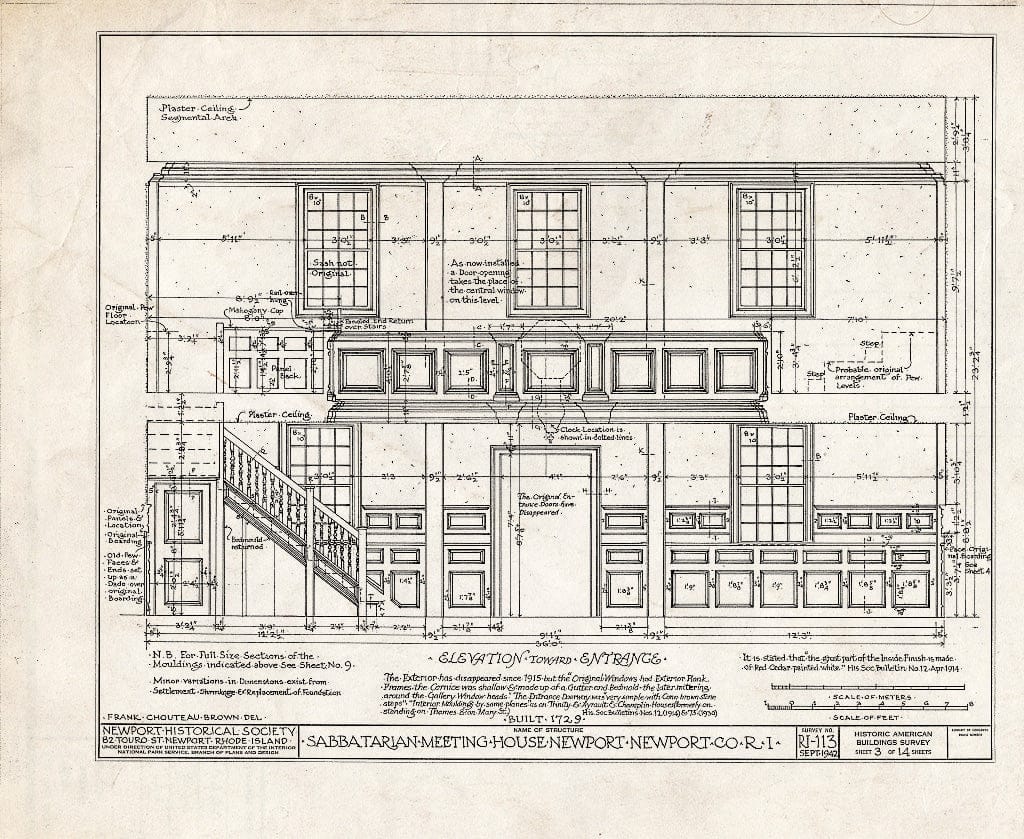 Blueprint HABS RI,3-NEWP,2- (Sheet 3 of 14) - Sabbatarian Meetinghouse, 82 Touro Street (Moved from Spring & Barney Streets), Newport, Newport County, RI