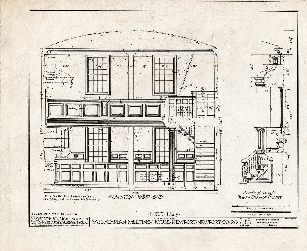 Blueprint HABS RI,3-NEWP,2- (Sheet 5 of 14) - Sabbatarian Meetinghouse, 82 Touro Street (Moved from Spring & Barney Streets), Newport, Newport County, RI