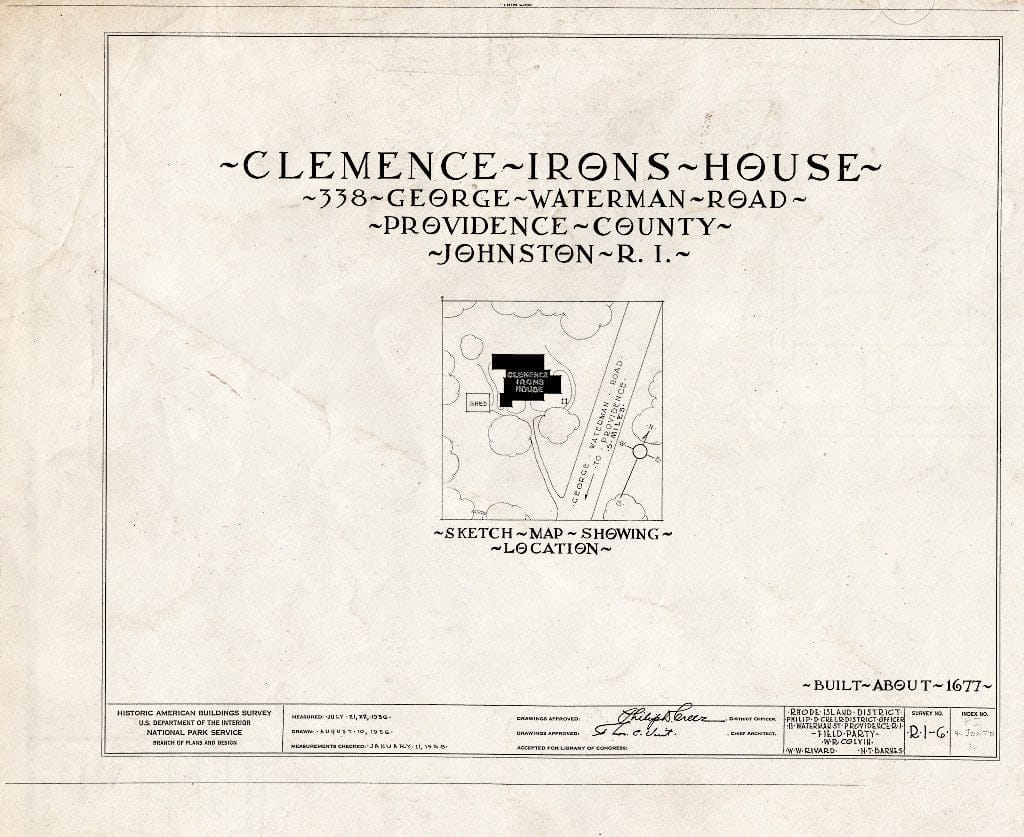 Blueprint HABS RI,4-JONTO,1- (Sheet 0 of 12) - Thomas Clemence House, 38 George Waterman Road, North Providence, Providence County, RI